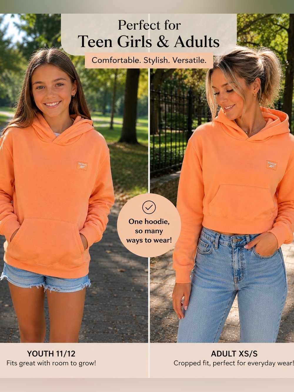 Reebok Peach Fleece Hoodie Sweatshirt | Youth 11/12Y (Fits Women’s XS/S)